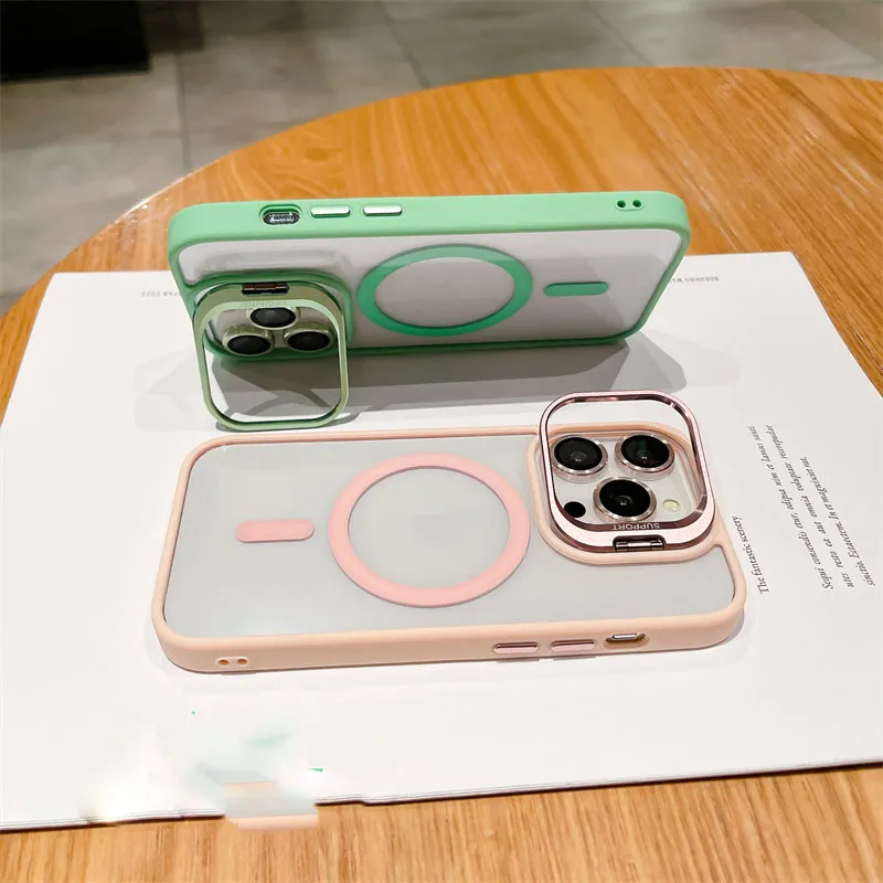 Magnetic Stand Lens Metal Ring Phone Case For iPhone 15 Pro Max 11 12 13 14 Plus Lens Glass Film Protection Transparent Magsafe Cover with Holder In Opp Bag New