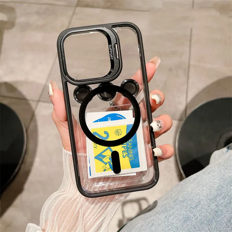 Magnetic Stand Lens Metal Ring Phone Case For iPhone 15 Pro Max 11 12 13 14 Plus Lens Glass Film Protection Transparent Magsafe Cover with Holder In Opp Bag New