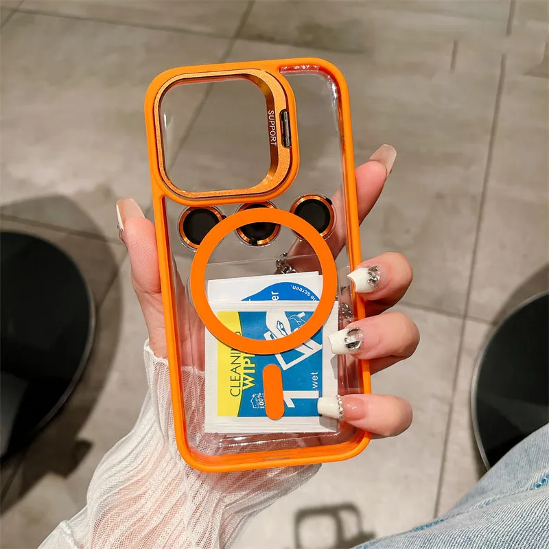 Magnetic Stand Lens Metal Ring Phone Case For iPhone 15 Pro Max 11 12 13 14 Plus Lens Glass Film Protection Transparent Magsafe Cover with Holder In Opp Bag New