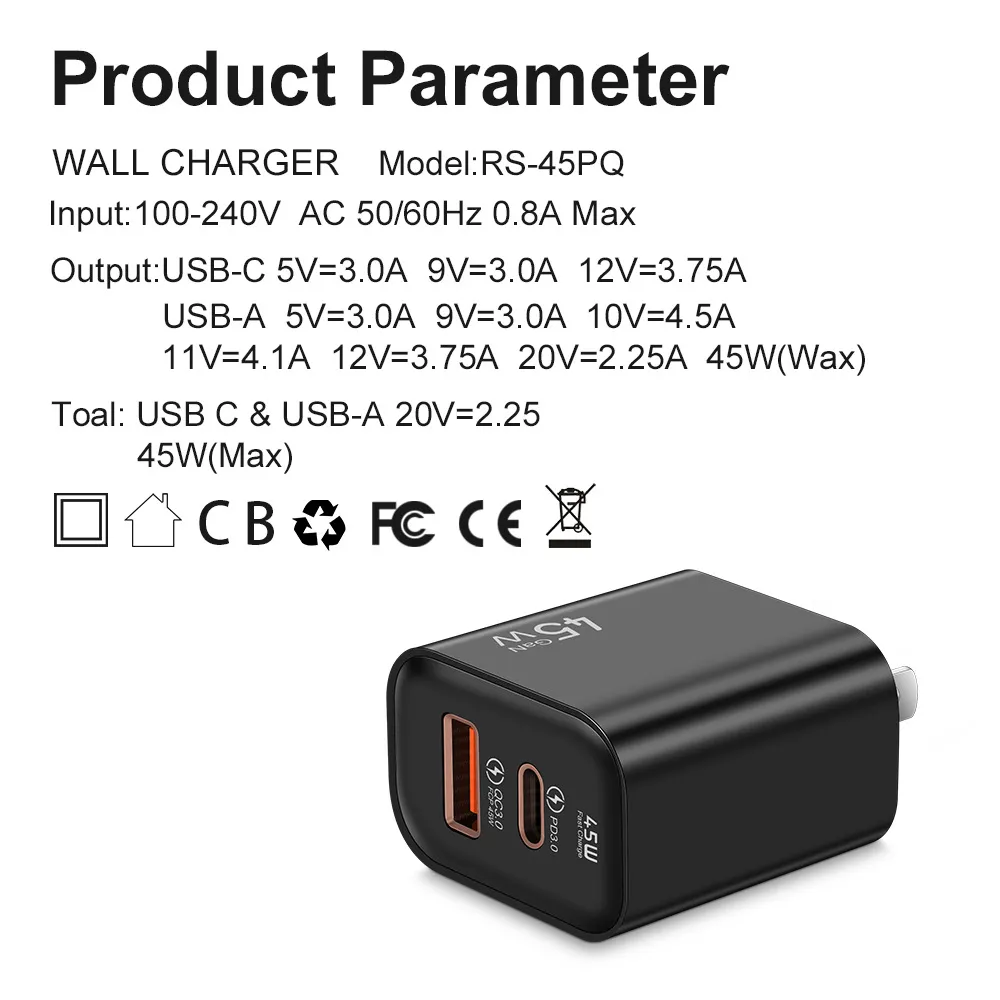 45W USB Charger Fast Charging USB Type C Wall Charger PD QC3.0 Quick Charge for IPhone Samsung S23 S21 Laptop Tablet