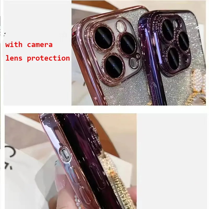 Luxury Glitter Bling Mirror Case For iPhone 15 14 13 12 11 Pro Max with pearl chain bracelet Phone Cover