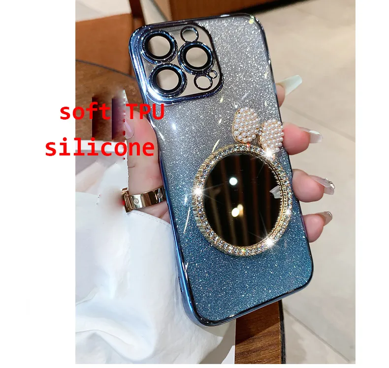 Luxury Glitter Bling Mirror Case For iPhone 15 14 13 12 11 Pro Max with pearl chain bracelet Phone Cover