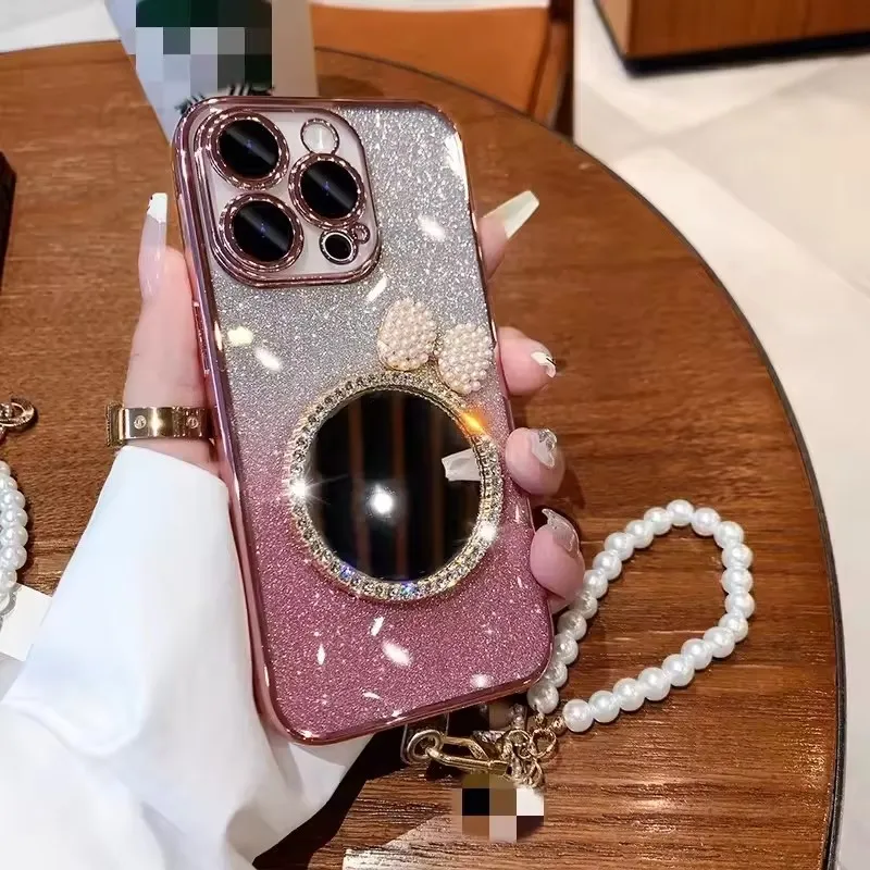 Luxury Glitter Bling Mirror Case For iPhone 15 14 13 12 11 Pro Max with pearl chain bracelet Phone Cover