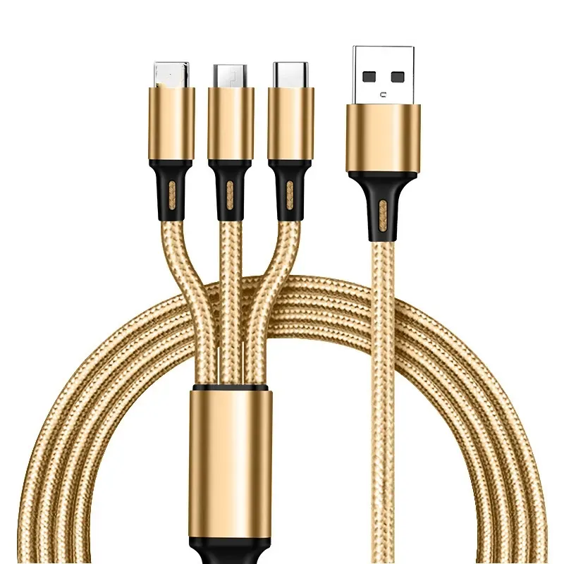 1 Meters 2m 3-in-1 Data Cable Copper Core Nylon Braided Anti-stretch Multi-port Android V8 Type C 2a Fast Charge Mobile Phone Charging Cable