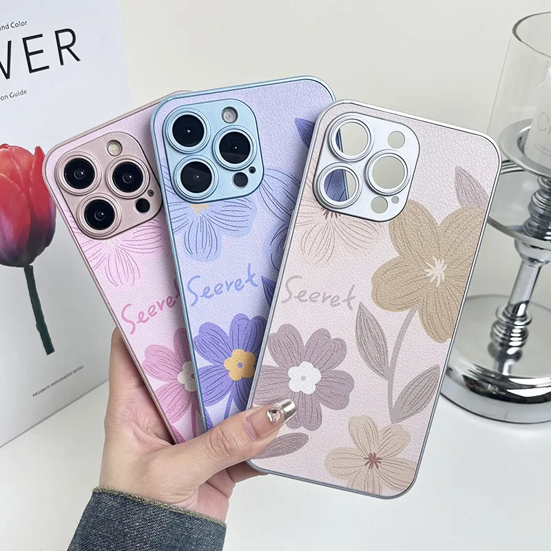 Fashion Oil Painting Flower PU Leather Cases For Iphone 15 Pro Max 14 Plus 13 12 11 Iphone15 Luxury Stylish Floral Hard Plastic PC Soft TPU Fine Hole Phone Back Cover