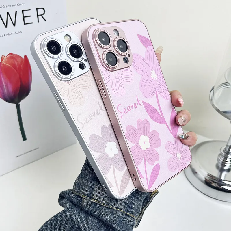 Fashion Oil Painting Flower PU Leather Cases For Iphone 15 Pro Max 14 Plus 13 12 11 Iphone15 Luxury Stylish Floral Hard Plastic PC Soft TPU Fine Hole Phone Back Cover