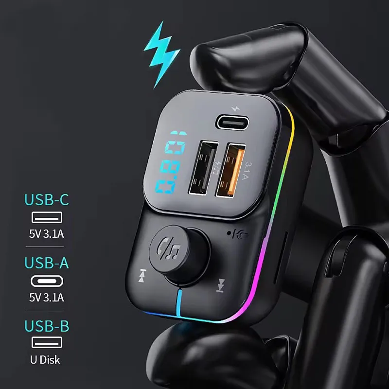 5.0 USB Car Charger Type C Dazzling Light MP3 Player Handsfree FM Transmitter Adapter For iPhone Xiaomi Huawei Samsung C24