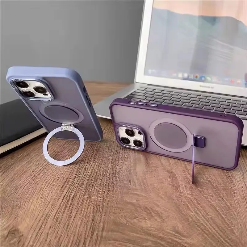 Magnetic Matte Case For iPhone 15 pro max 14 13 12 11 XR Samsung S23 Metal magsafe Phone Case With Invisible Kickstand