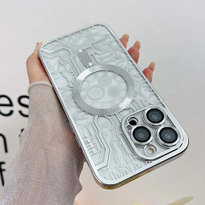 electroplate Magnetic Case For iPhone 15 Plus 14 13 Pro Max 12 11 XR TPU transparent Magsafe Phone Cover with lens protector