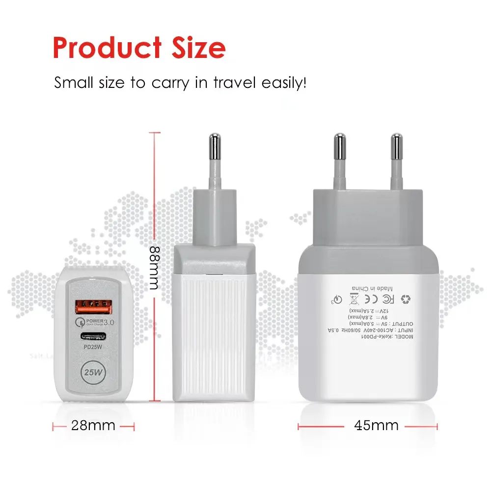 2024 AC Quick Charge QC3.0 PD Charger 18W 25w USB Type C Mobile Phone Wall Charger Adapter For iPhone Samsung EU UK US Plug Dual Ports Fast Charger