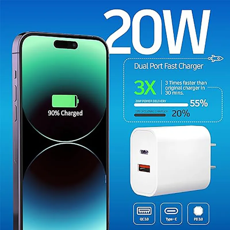 20W Fast Charging Adapter for iPhone 15 pro max 14 13 12 11 Samsung Galaxy Moto PD+QC Power Wall Charger Plug USB C Charger Block