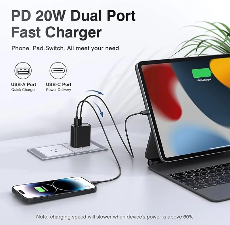 20W Fast Charging Adapter for iPhone 15 pro max 14 13 12 11 Samsung Galaxy Moto PD+QC Power Wall Charger Plug USB C Charger Block