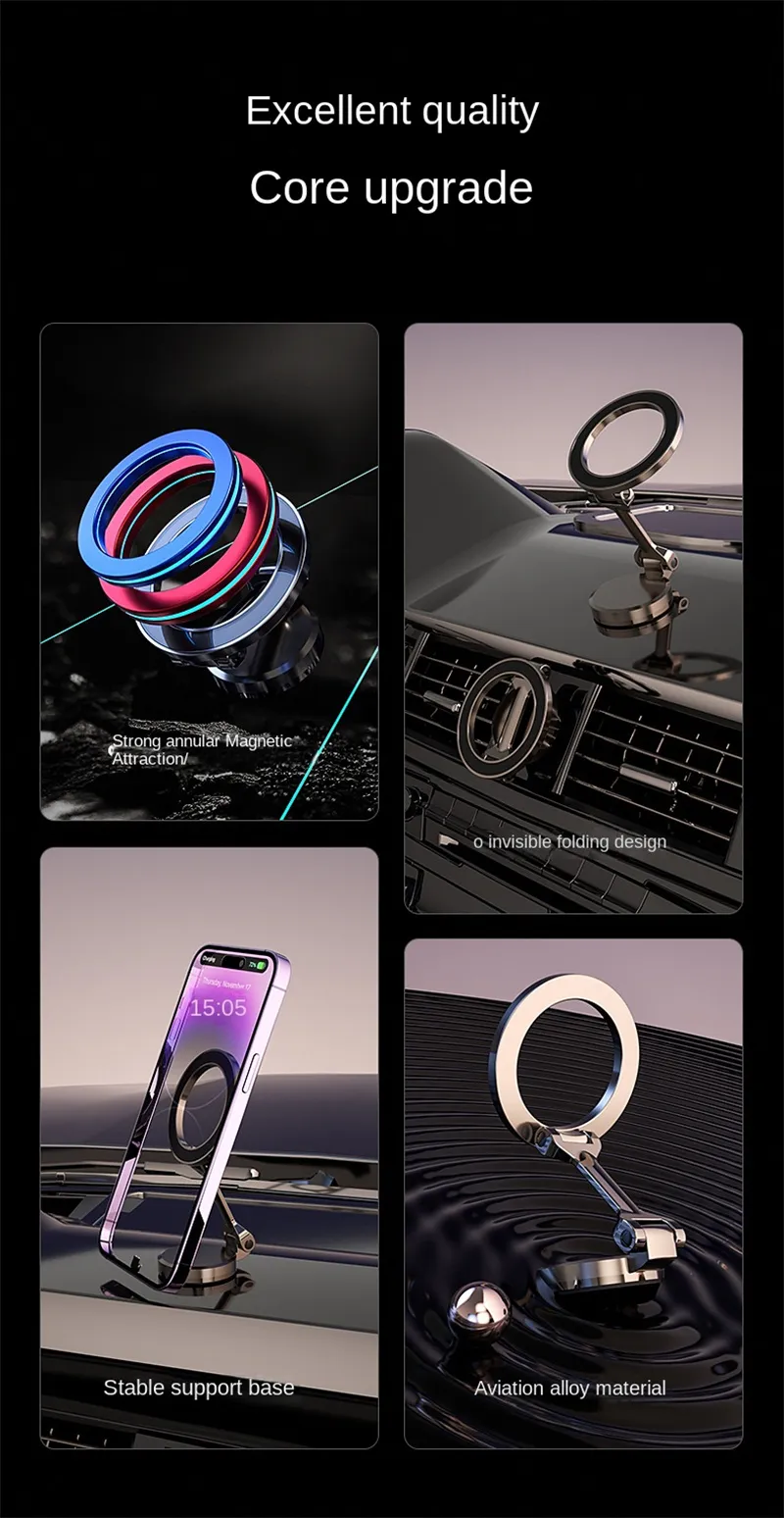 Zinc Alloy Folding Magnetic Car Compact Cell Phone Holder for MagSafe 360° Adjustable Magnetic Car Mount for iPhone 15 samsung huawei xiaomi