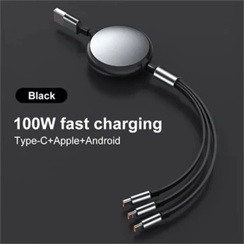 3 in 1 Retractable 6A 100W USB Cable USB To Type C Fast Charge Cable for Samsung Huawei Data Cable