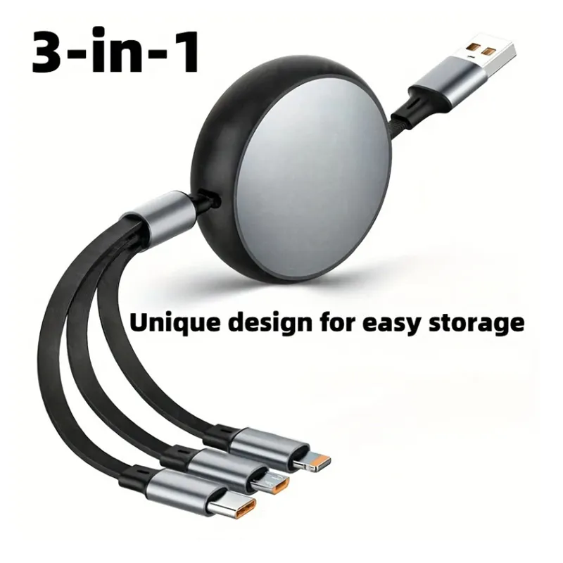 3 in 1 Retractable 6A 100W USB Cable USB To Type C Fast Charge Cable for Samsung Huawei Data Cable