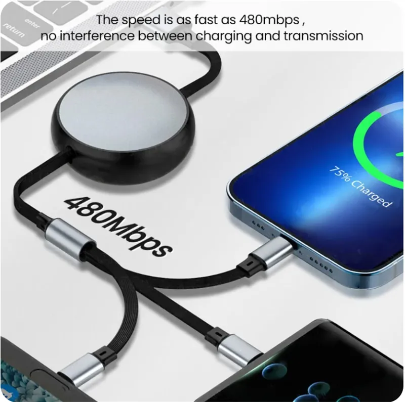 3 in 1 Retractable 6A 100W USB Cable USB To Type C Fast Charge Cable for Samsung Huawei Data Cable