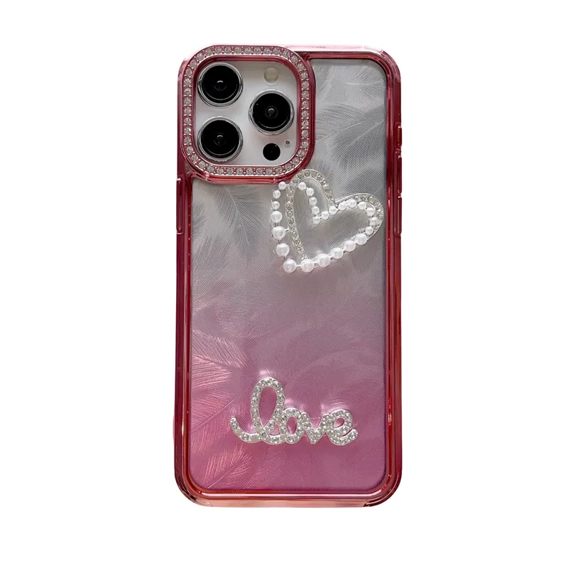 Luxury Bling Feather Heart Love Chromed Cases For Iphone 15 Plus 14 Pro Max 13 12 11 Diamond Cute Lovely Beads Plating Metallic Soft TPU Rhinestone Crystal Phone Cover