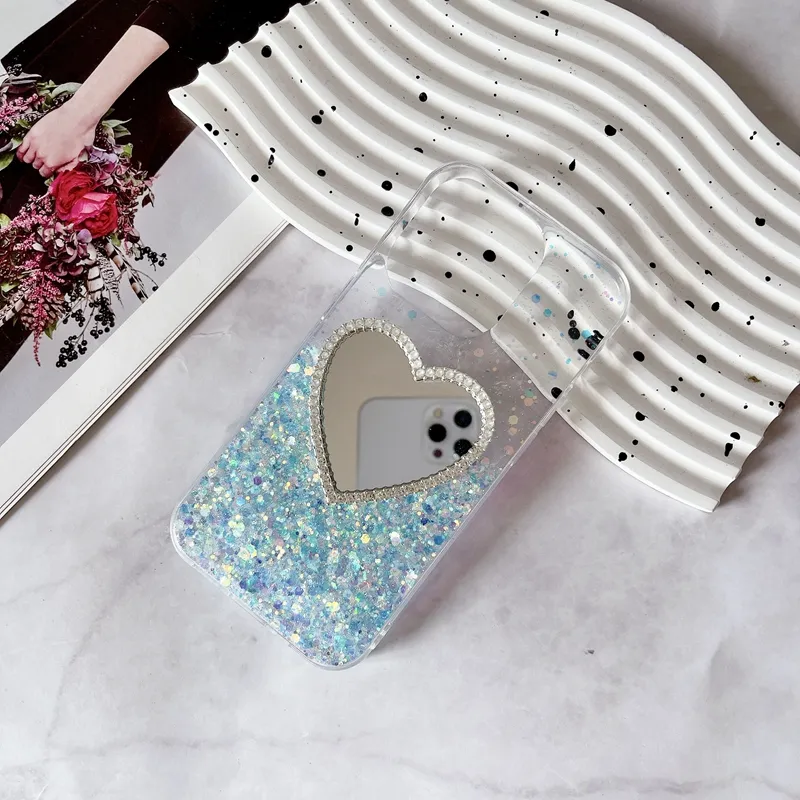 S24 FE Mirror Love Heart Glow In Dark Soft TPU Cases For Iphone 16 15 14 Pro Max 13 12 11 Samsung S23 A04S A55 A35 A05S A05 A15 A25 A54 A14 Sequins Foil Confetti Luminous Cover