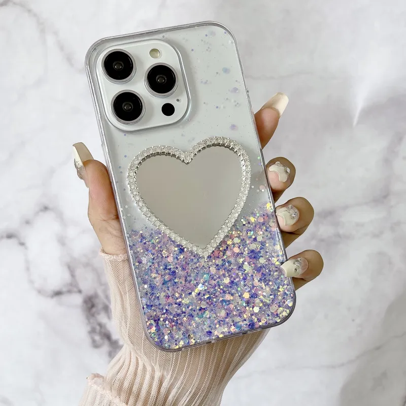 S24 FE Mirror Love Heart Glow In Dark Soft TPU Cases For Iphone 16 15 14 Pro Max 13 12 11 Samsung S23 A04S A55 A35 A05S A05 A15 A25 A54 A14 Sequins Foil Confetti Luminous Cover