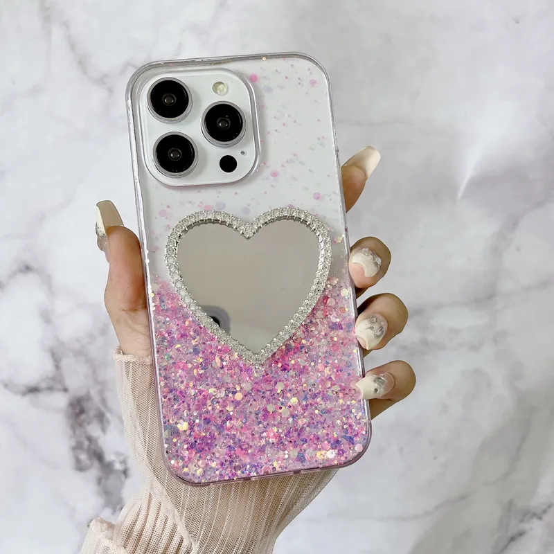 S24 FE Mirror Love Heart Glow In Dark Soft TPU Cases For Iphone 16 15 14 Pro Max 13 12 11 Samsung S23 A04S A55 A35 A05S A05 A15 A25 A54 A14 Sequins Foil Confetti Luminous Cover