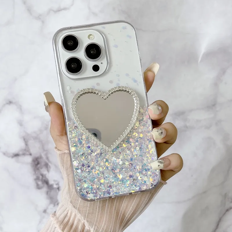 S24 FE Mirror Love Heart Glow In Dark Soft TPU Cases For Iphone 16 15 14 Pro Max 13 12 11 Samsung S23 A04S A55 A35 A05S A05 A15 A25 A54 A14 Sequins Foil Confetti Luminous Cover