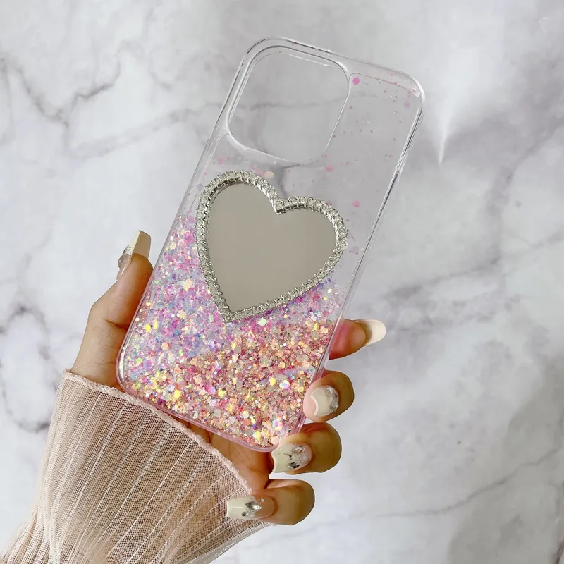 S24 FE Mirror Love Heart Glow In Dark Soft TPU Cases For Iphone 16 15 14 Pro Max 13 12 11 Samsung S23 A04S A55 A35 A05S A05 A15 A25 A54 A14 Sequins Foil Confetti Luminous Cover