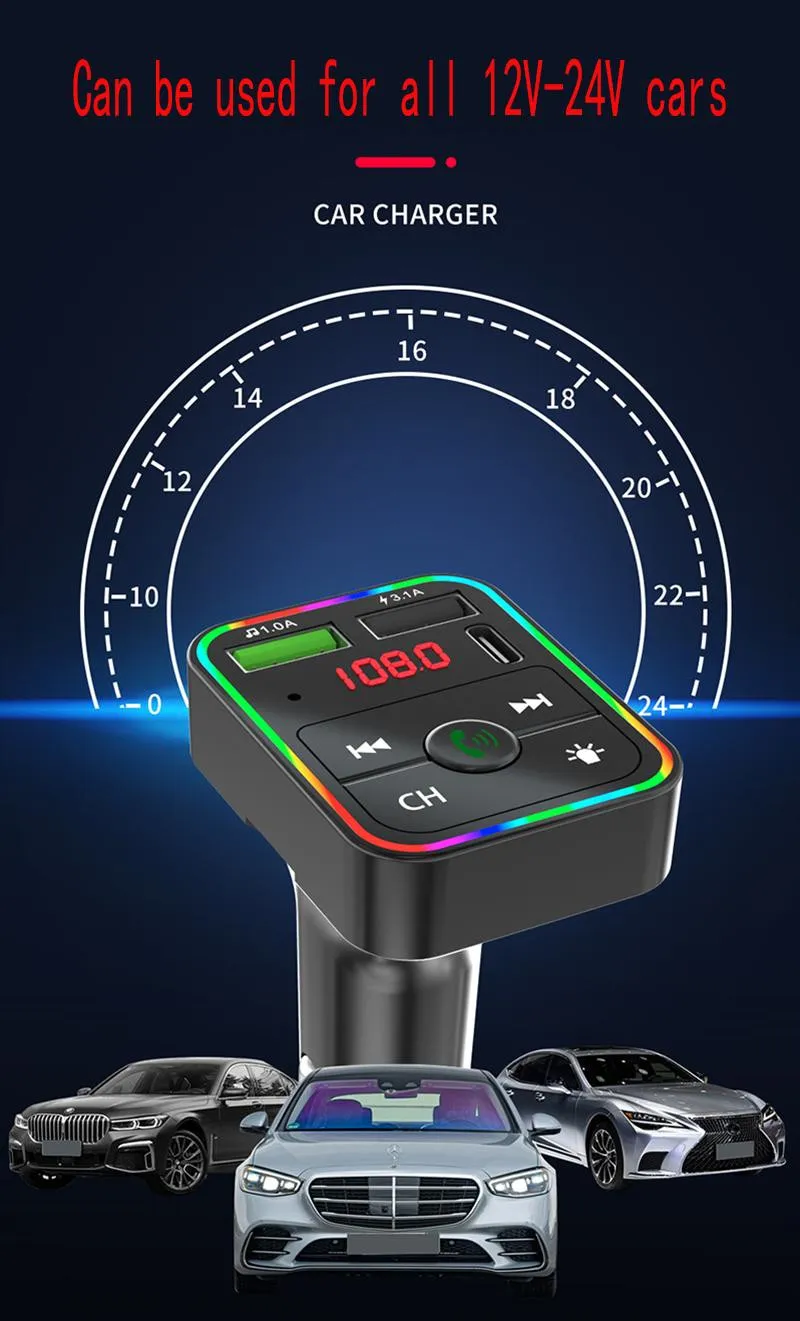 168AA Car F2 Charger BT5.0 FM Transmitter Dual USB Fast Charging PD Type C Ports Handsfree Audio Receiver Auto MP3 Player for Cellphones