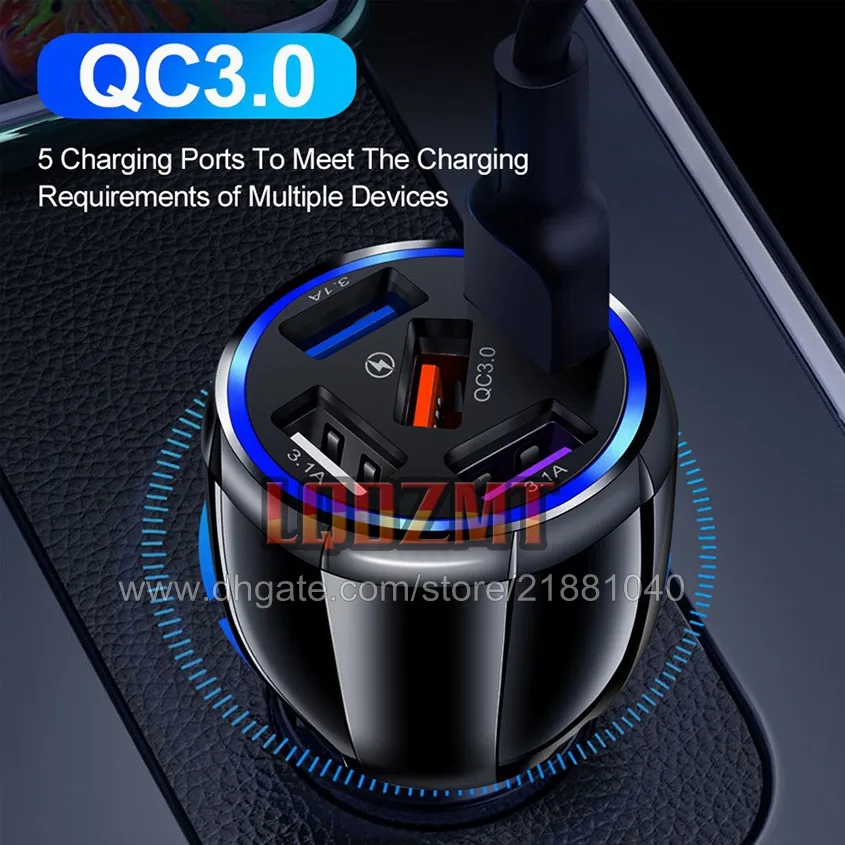 Universal Car Phone Charger 5 Ports USB Charger Fast Charging Adapter For Samsung S9 S10 Mobile Phone Charger In Car Car-Charge Car-Charger Car Charging Quick Charge