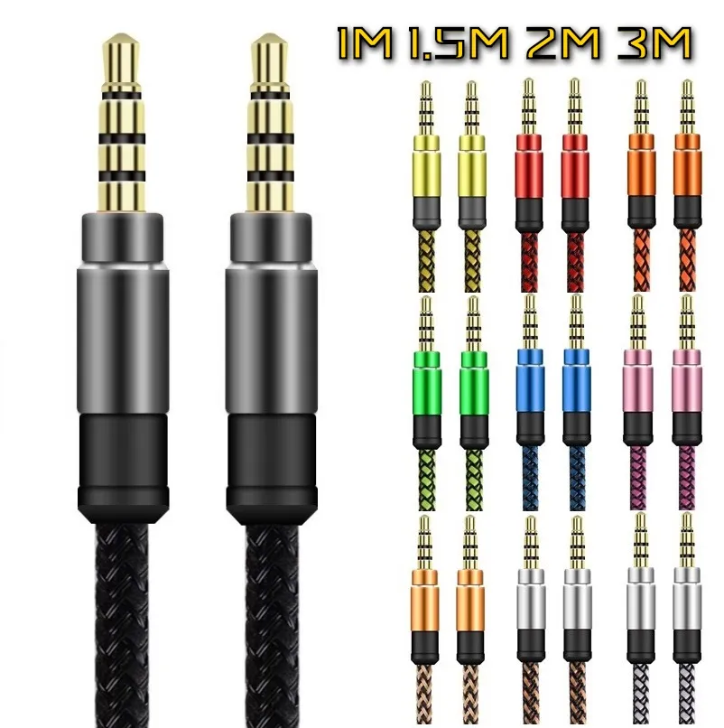 1m 1.5m 2m 3m 3.5mm fabric Braided Nylon Jack Male Car Aux Audio Cables Wire For Samsung Tablet pc mp3