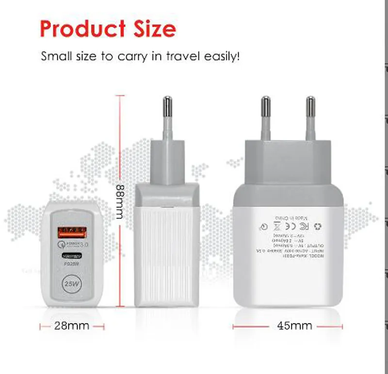 25w AC Quick Charge QC3.0 5A PD Charger USB Type C PD25W Mobile Smart Phone Wall Chargers Adapter Fast Charging For iPhone Samsung EU UK US Plug Dual Ports With Box