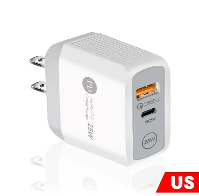 25w AC Quick Charge QC3.0 5A PD Charger USB Type C PD25W Mobile Smart Phone Wall Chargers Adapter Fast Charging For iPhone Samsung EU UK US Plug Dual Ports With Box