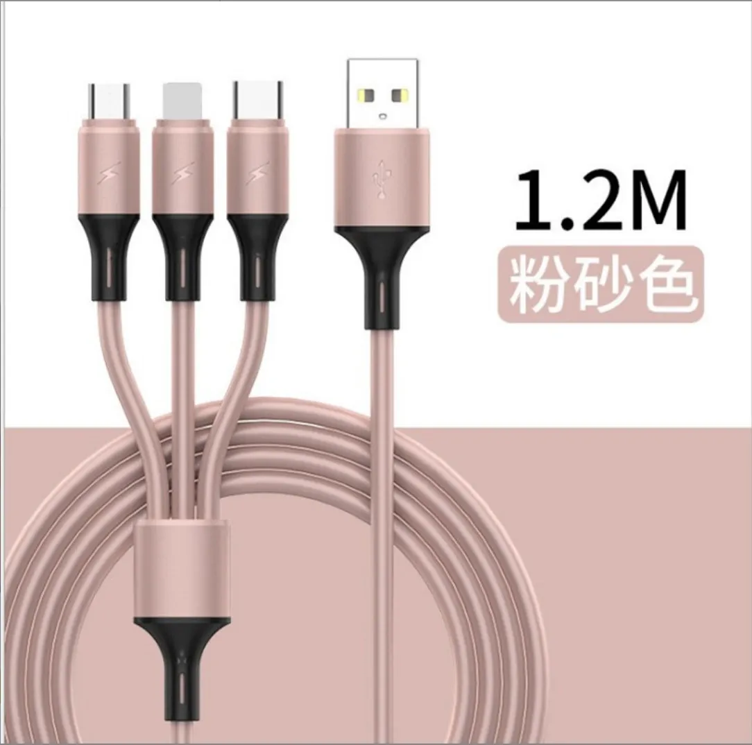 3 in 1 One Dragging Nylon Braided USB Cables Multi 1.2m Fast Charging Charger Type C Micro USB Cable For Android Smart Mobile Phone coloful cable