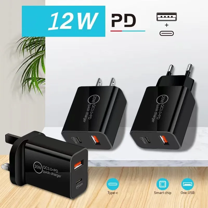 Smart Portable 12W 2.4A Dual Ports PD Wall Charger Eu US AC Home Travel USB C Type c Power Adapters For IPhone 13 14 15 Samsung Huawei Tablet PC b1