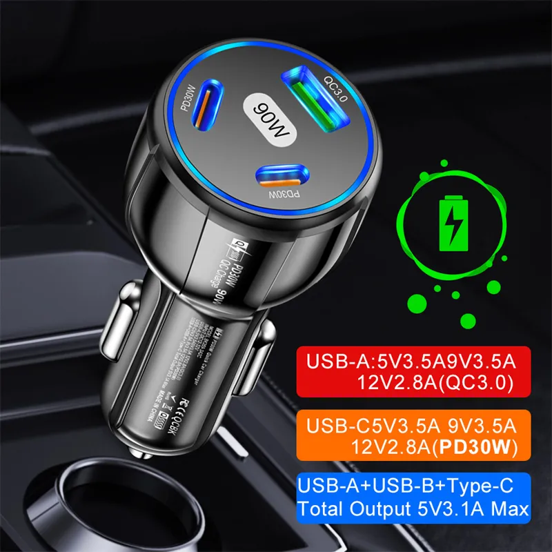 90W PD Car Charger Fast Charging USB Type C Car Phone Adapter For iPhone 14 13 Xiaomi Samsung Quick Charge 3 Port Charger In Car With Retail Package