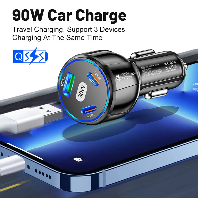 90W PD Car Charger Fast Charging USB Type C Car Phone Adapter For iPhone 14 13 Xiaomi Samsung Quick Charge 3 Port Charger In Car With Retail Package