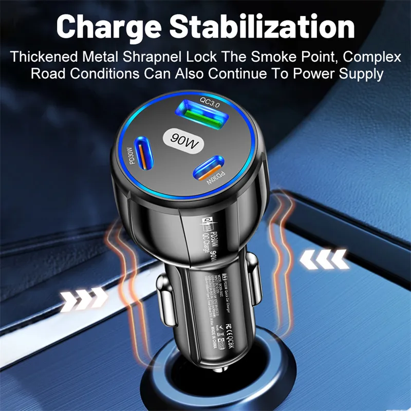 90W PD Car Charger Fast Charging USB Type C Car Phone Adapter For iPhone 14 13 Xiaomi Samsung Quick Charge 3 Port Charger In Car With Retail Package