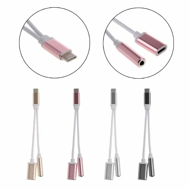 2 in 1 Charger Audio Type C cables Earphones Headphone Jack Adapter Connector Cable 3.5mm Aux Headphone type-c