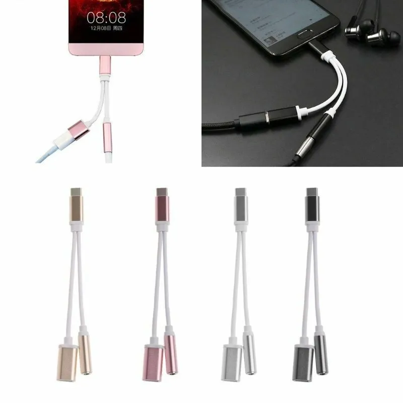 2 in 1 Charger Audio Type C cables Earphones Headphone Jack Adapter Connector Cable 3.5mm Aux Headphone type-c