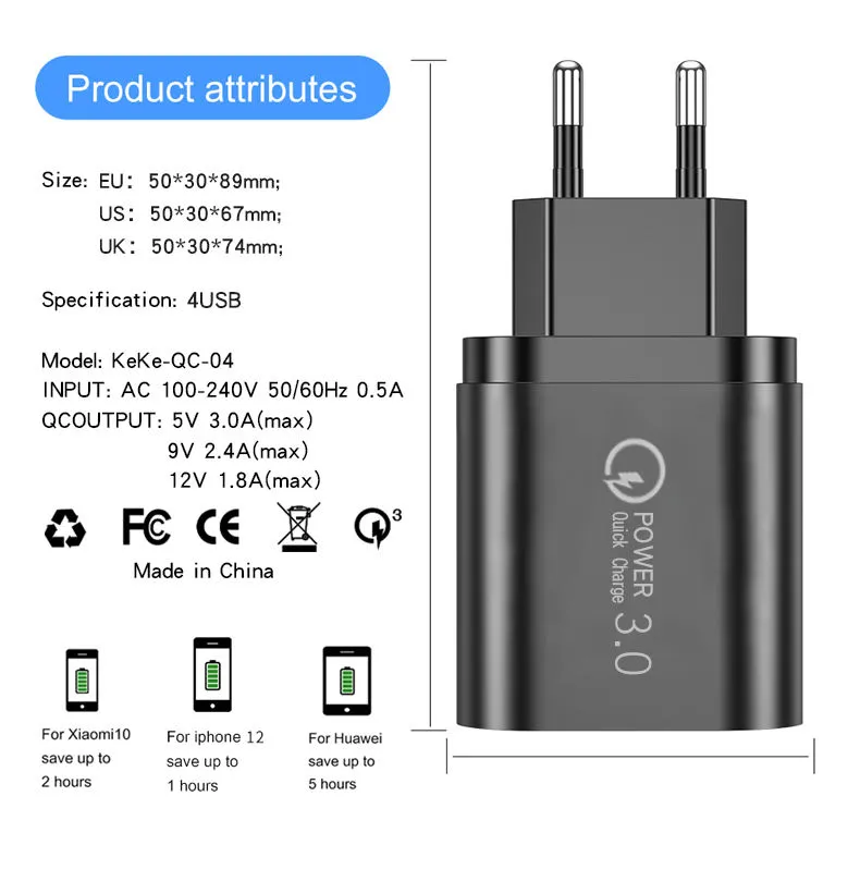 head mobile phones fast wall chargers Factory direct sales 3A QC3.0 4USB Smart phone tablet charging head Charger