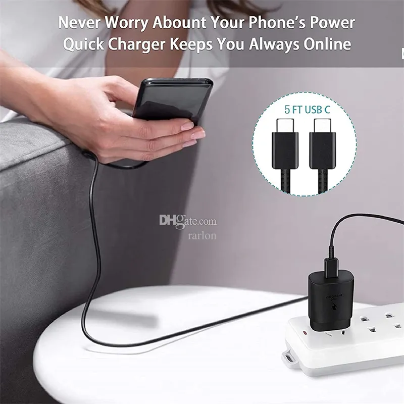 25W Charger Fast Charging Power Adapter Plug EU Type C 3A USB Cable for Samsung Galaxy S23 Ultra S20 S22 S21 Plus Note 10 20 With Package