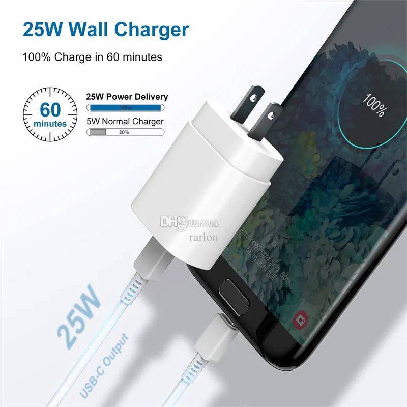 25W Charger Fast Charging Power Adapter Plug EU Type C 3A USB Cable for Samsung Galaxy S23 Ultra S20 S22 S21 Plus Note 10 20 With Package