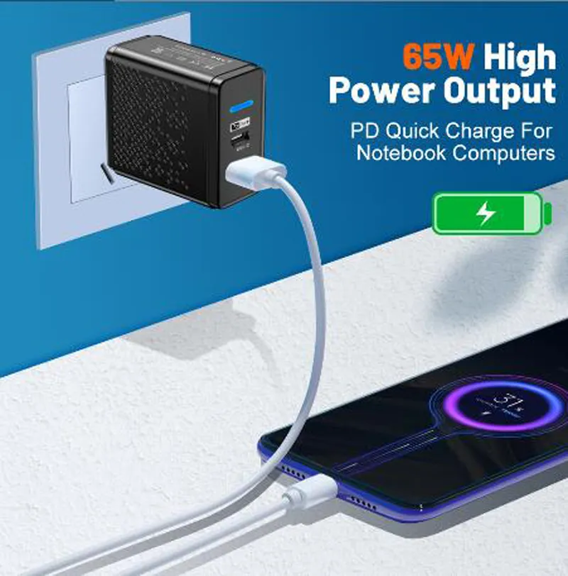 65W GaN USB-C Charger Dual Port PD USB Type C Fast Charging QC3.0 Power Adapter Wall Chargers US EU UK Plugs For Samsung s22 S23 Utral Travel Home Backup Smart Phone