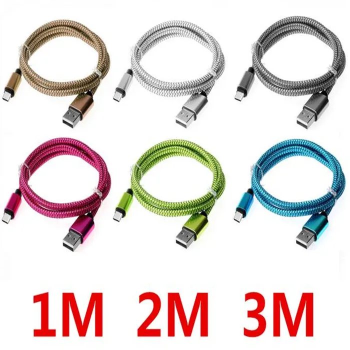 1M 2M 3M Aluminum Alloy Charging Braided Fabric Cell Phone Cables USB 2.0 Data cable Accessory Bundles for ap 7 8 Type c Samsung Android