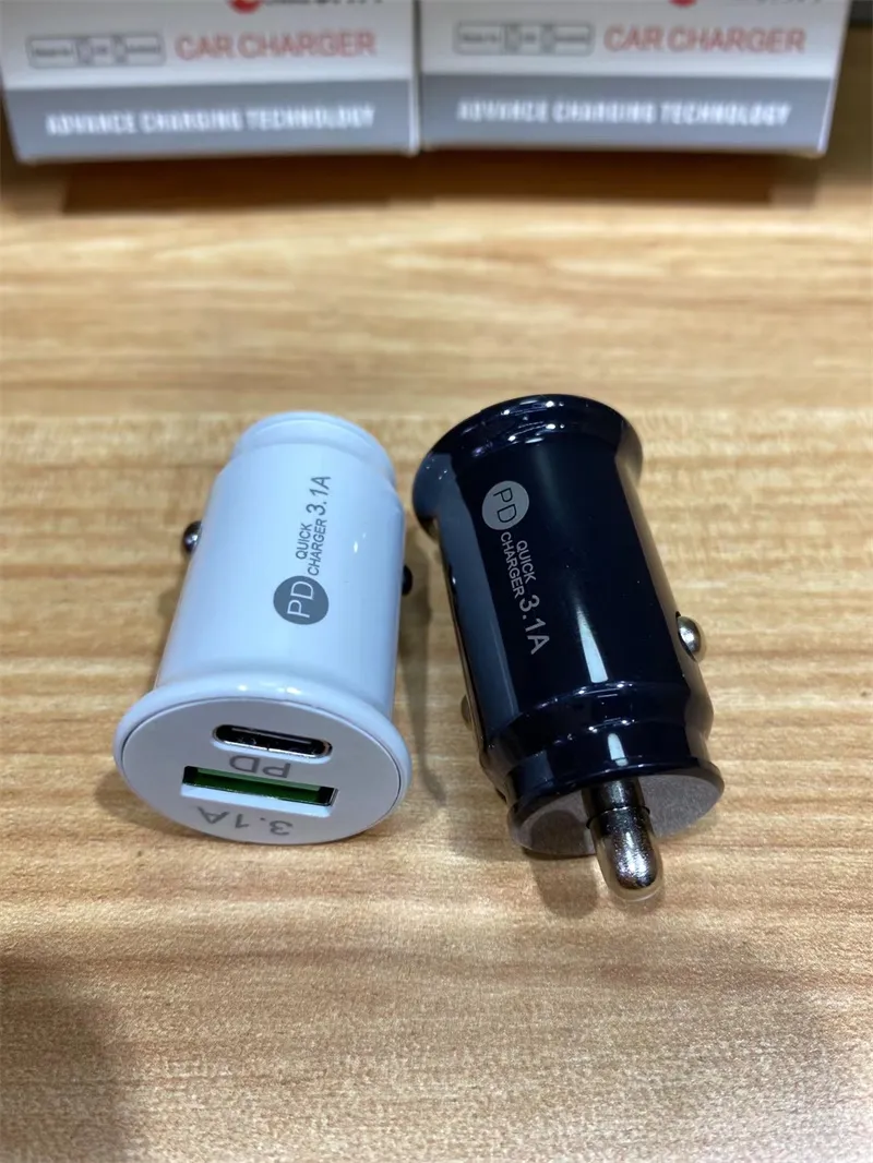 3.1A High Speed Dual Ports PD USB Car Charger Quick Charge 3.0 Fast Charging For iPhone 13 12 11 Samsung Huawei Xiaomi Type C Mobile Phone Charger with box