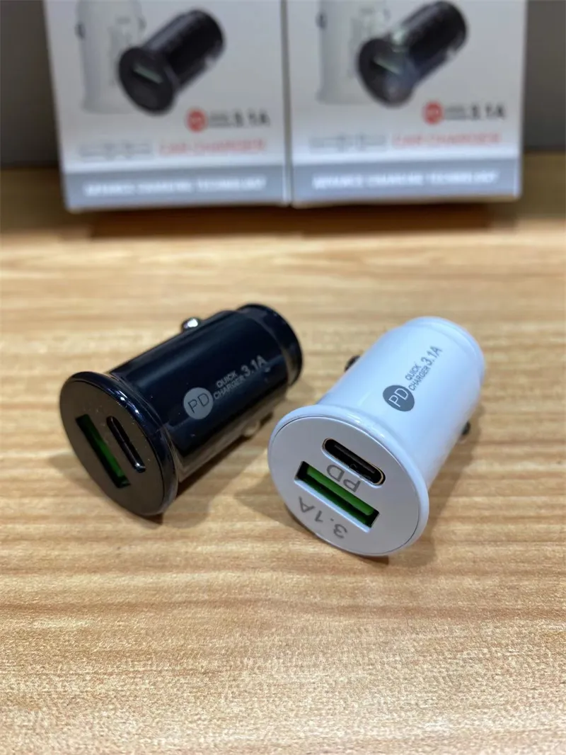 3.1A High Speed Dual Ports PD USB Car Charger Quick Charge 3.0 Fast Charging For iPhone 13 12 11 Samsung Huawei Xiaomi Type C Mobile Phone Charger with box