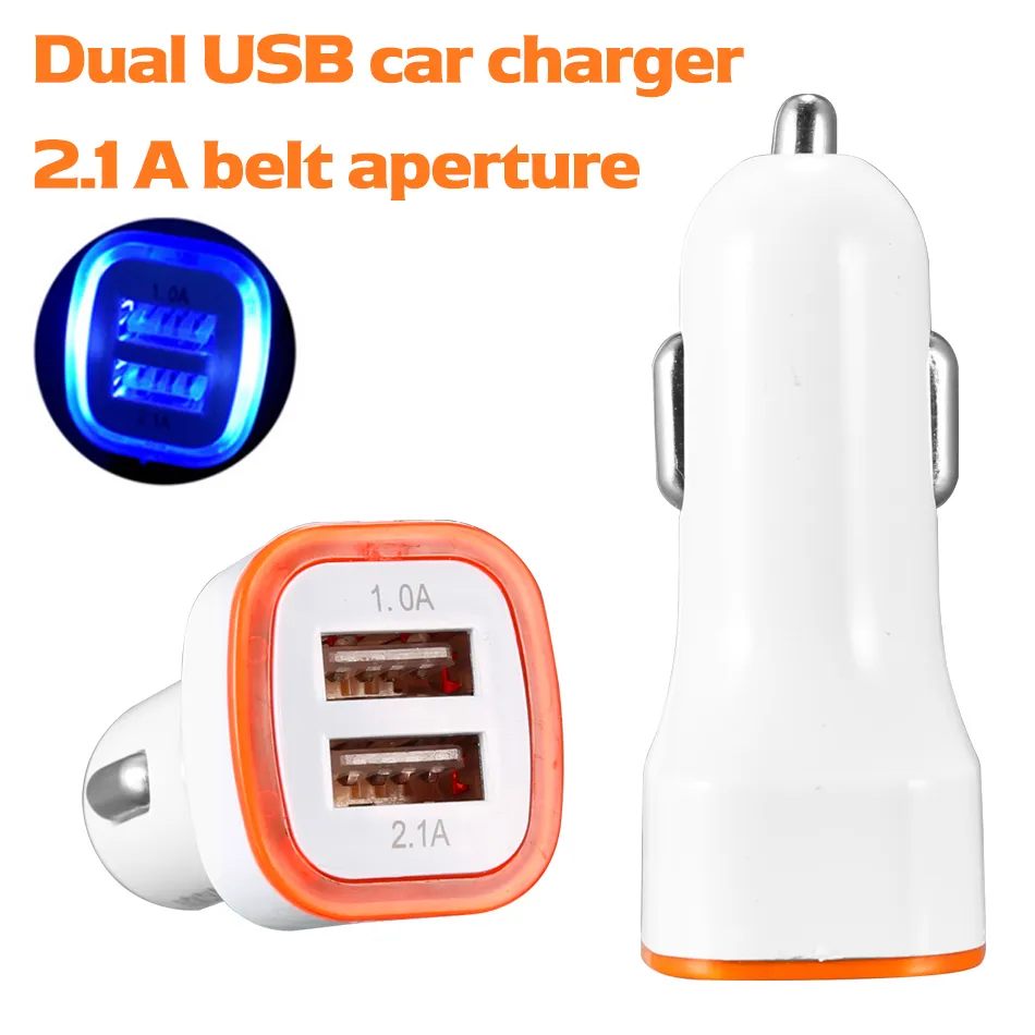 Universal LED Dual USB Car Charger NOKOKO Vehicle Portable Power Adapter 5V 2.1A for iPhone 14 Pro Max Samsung S23 Ultra Plus Double Socket Quick Charger in OPP Bag