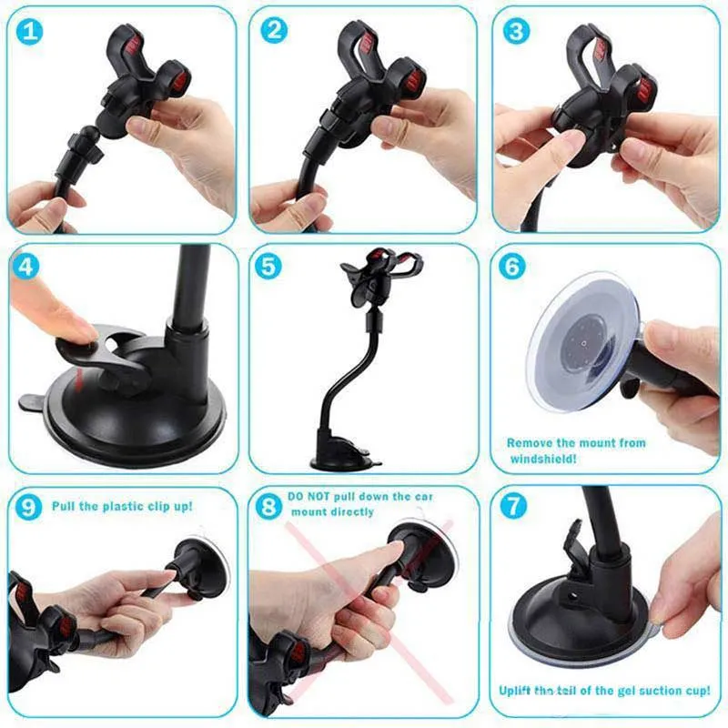 Car Mount Long Arm Universal Windshield Dashboard Mobile Phone Holder 360 Degree Rotation with Strong Suction Cup X Clamp