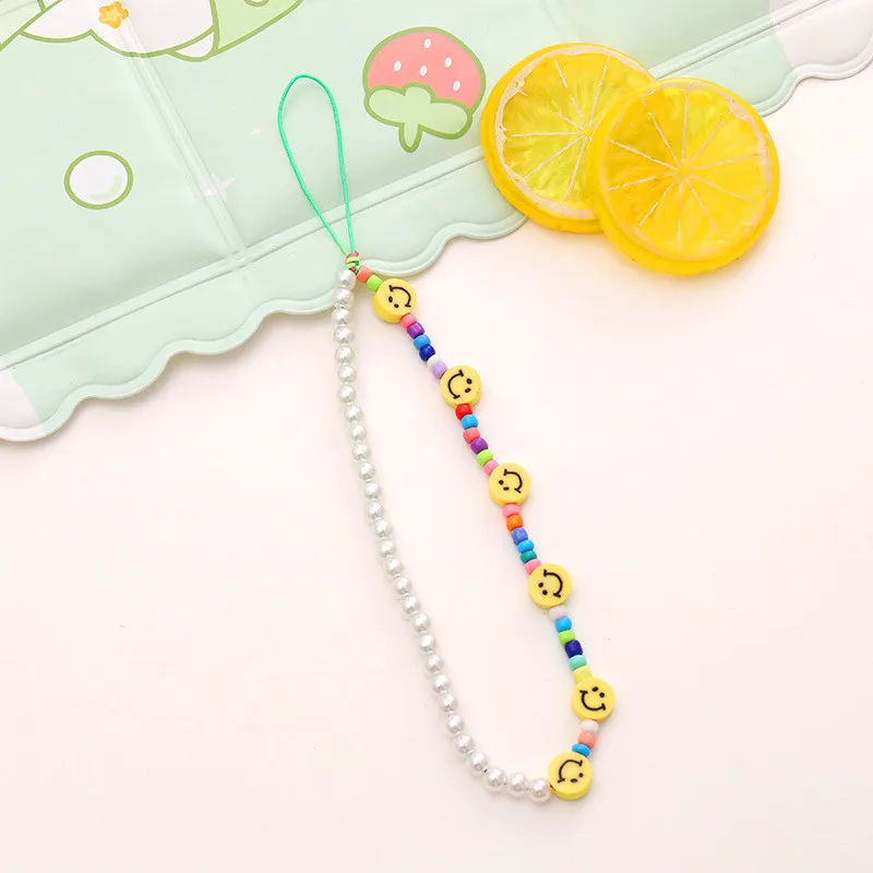 Polymer Clay Smile Charm Chain Anti-Lost Wrist Straps Handmade Bracelets DIY Cell Phone Case Lanyard Keychain Beaded Colorful Hanging Cord Universal