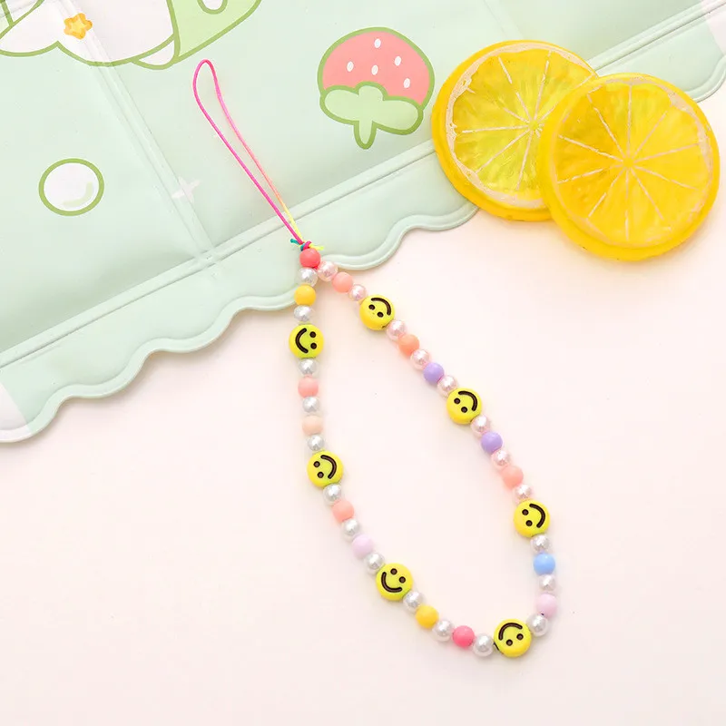 Polymer Clay Smile Charm Chain Anti-Lost Wrist Straps Handmade Bracelets DIY Cell Phone Case Lanyard Keychain Beaded Colorful Hanging Cord Universal