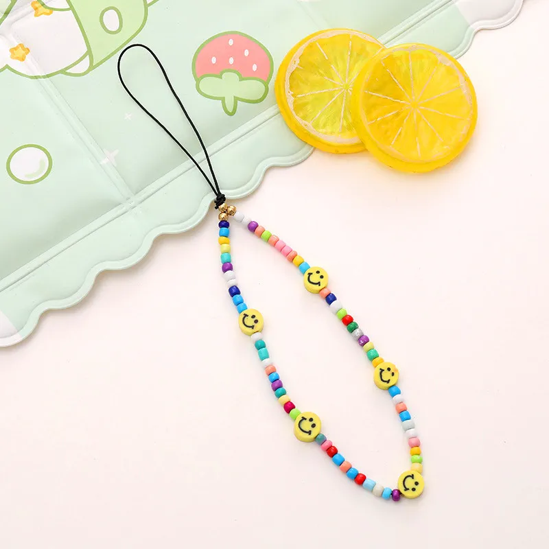 Polymer Clay Smile Charm Chain Anti-Lost Wrist Straps Handmade Bracelets DIY Cell Phone Case Lanyard Keychain Beaded Colorful Hanging Cord Universal